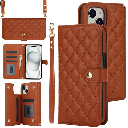 ELECTROPRIME For iPhone 15 Crossbody Multifunction Rhombic Leather Phone Case(Brown)