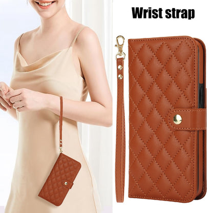 ELECTROPRIME For iPhone 15 Crossbody Multifunction Rhombic Leather Phone Case(Brown)