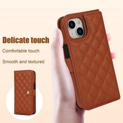 ELECTROPRIME For iPhone 15 Crossbody Multifunction Rhombic Leather Phone Case(Brown)