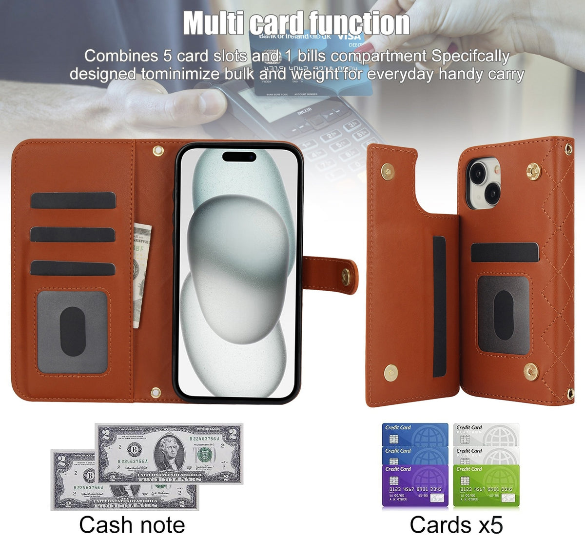ELECTROPRIME For iPhone 15 Crossbody Multifunction Rhombic Leather Phone Case(Brown)