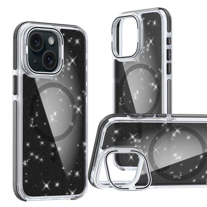 ELECTROPRIME For iPhone 15 Plus Two-color Glitter Powder Lens Holder Magsafe Phone Case(Black)