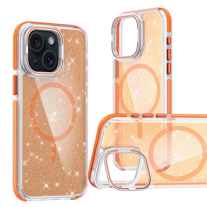 ELECTROPRIME For iPhone 15 Two-color Glitter Powder Lens Holder Magsafe Phone Case(Orange)