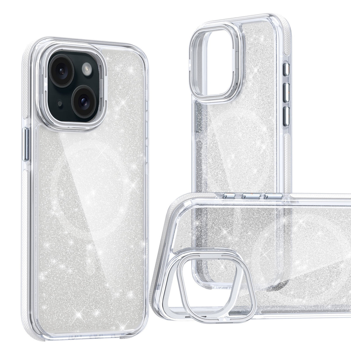 ELECTROPRIME For iPhone 15 Two-color Glitter Powder Lens Holder Magsafe Phone Case(White)
