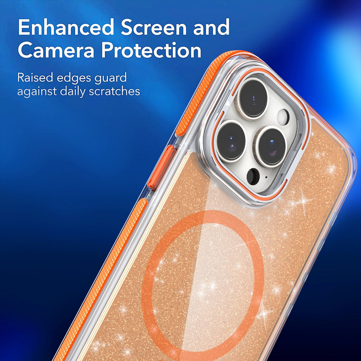ELECTROPRIME For iPhone 15 Two-color Glitter Powder Lens Holder Magsafe Phone Case(Orange)