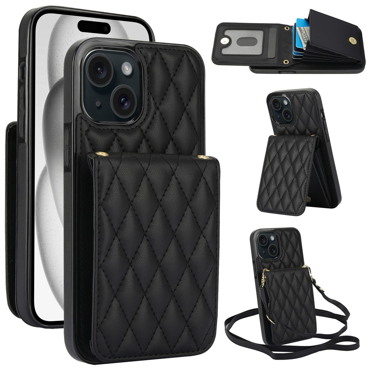 ELECTROPRIME For iPhone 15 Plus YM015 Crossbody Rhombic Card Bag RFID Phone Case(Black)