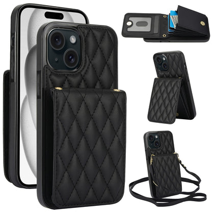 ELECTROPRIME For iPhone 15 Plus YM015 Crossbody Rhombic Card Bag RFID Phone Case(Black)