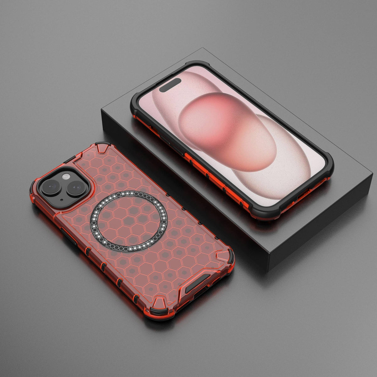 ELECTROPRIME For iPhone 15 Plus Honeycomb Magnetic Ring Shockproof Phone Case(Red)