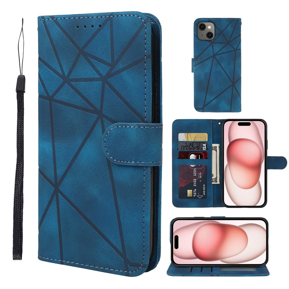 ELECTROPRIME For iPhone 15 Skin Feel Geometric Lines Leather Phone Case(Blue)