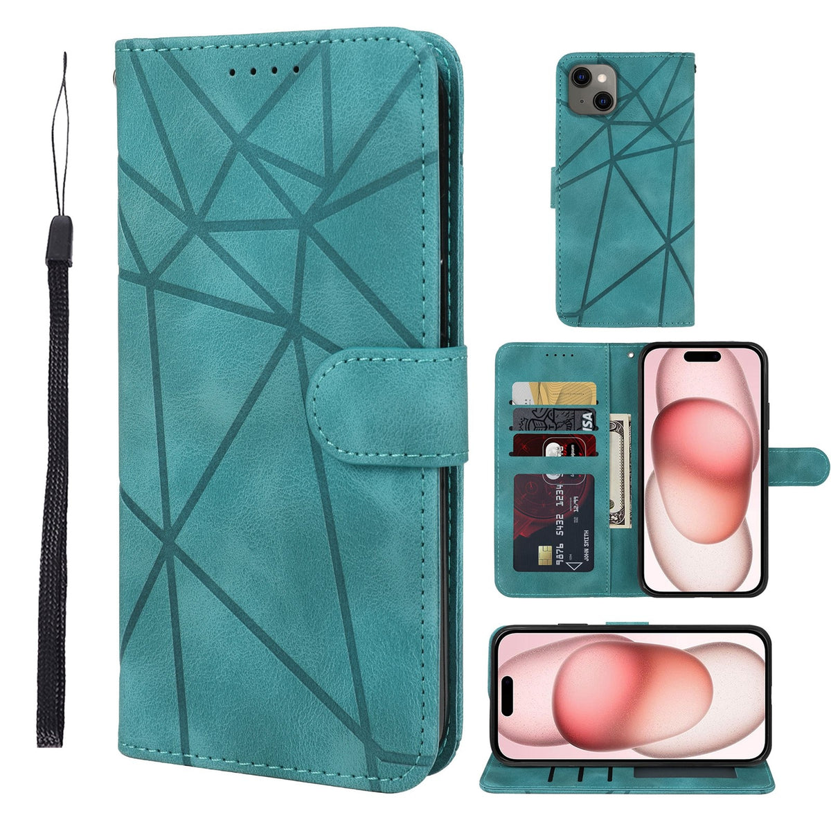 ELECTROPRIME For iPhone 15 Skin Feel Geometric Lines Leather Phone Case(Green)