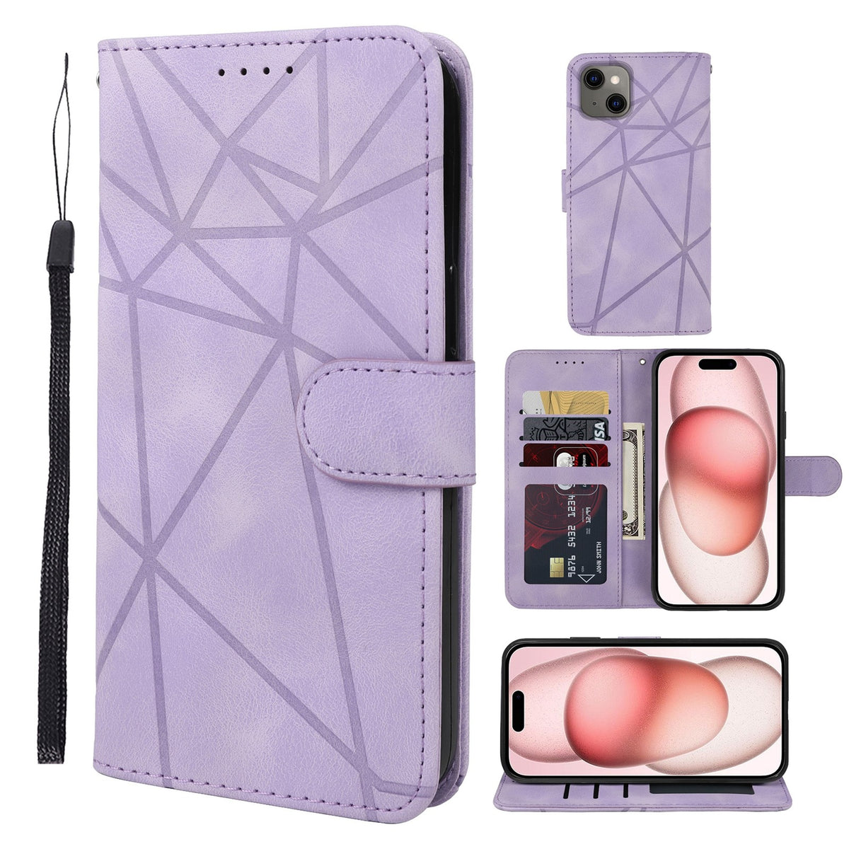 ELECTROPRIME For iPhone 15 Skin Feel Geometric Lines Leather Phone Case(Purple)