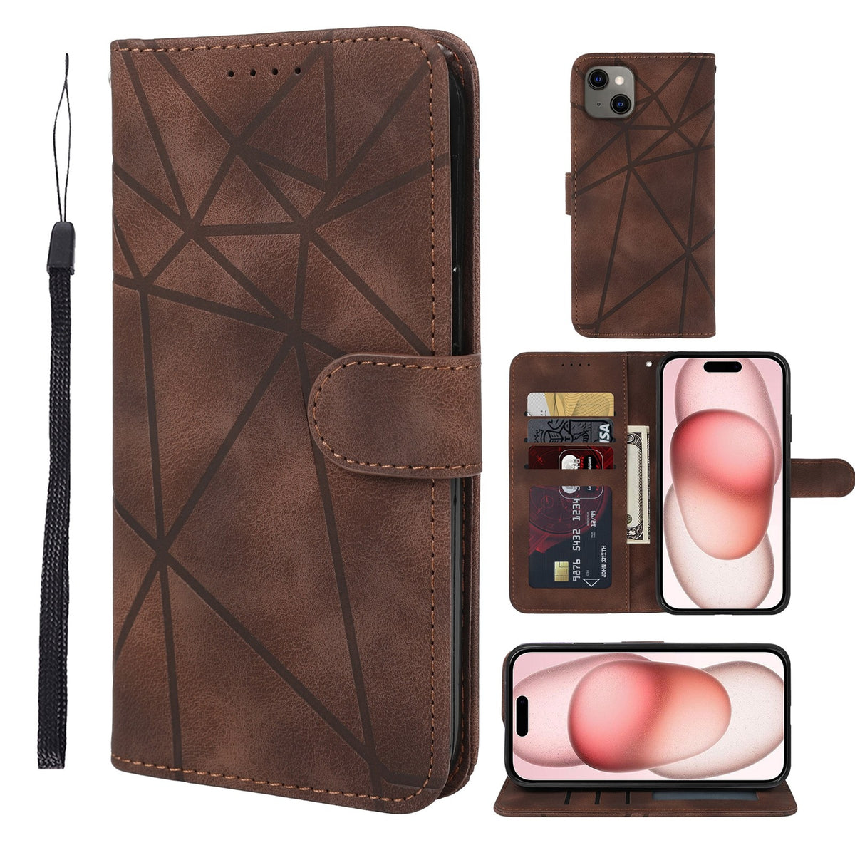 ELECTROPRIME For iPhone 15 Skin Feel Geometric Lines Leather Phone Case(Brown)