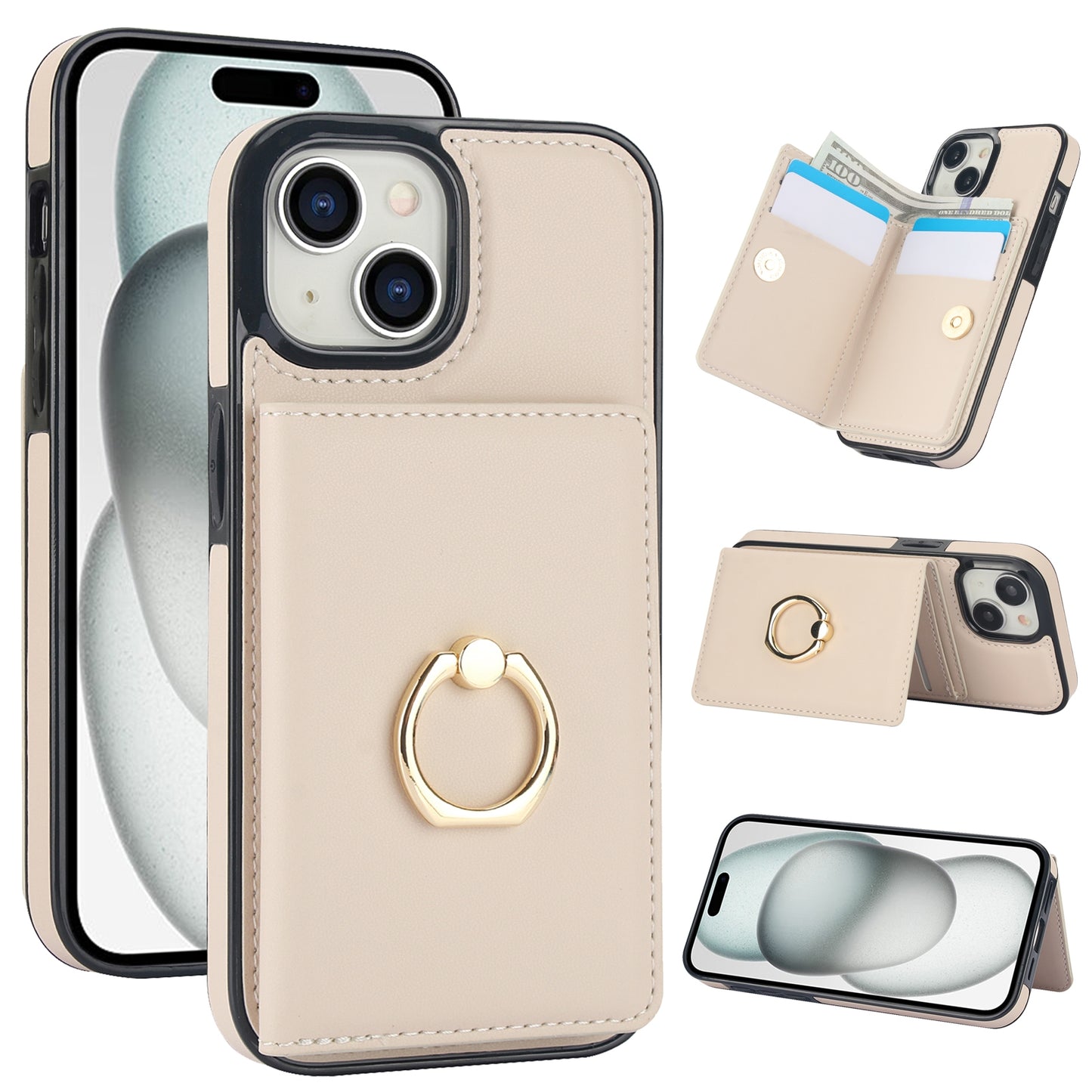 ELECTROPRIME For iPhone 15 RFID Anti-theft Card Ring Holder Phone Case(White)