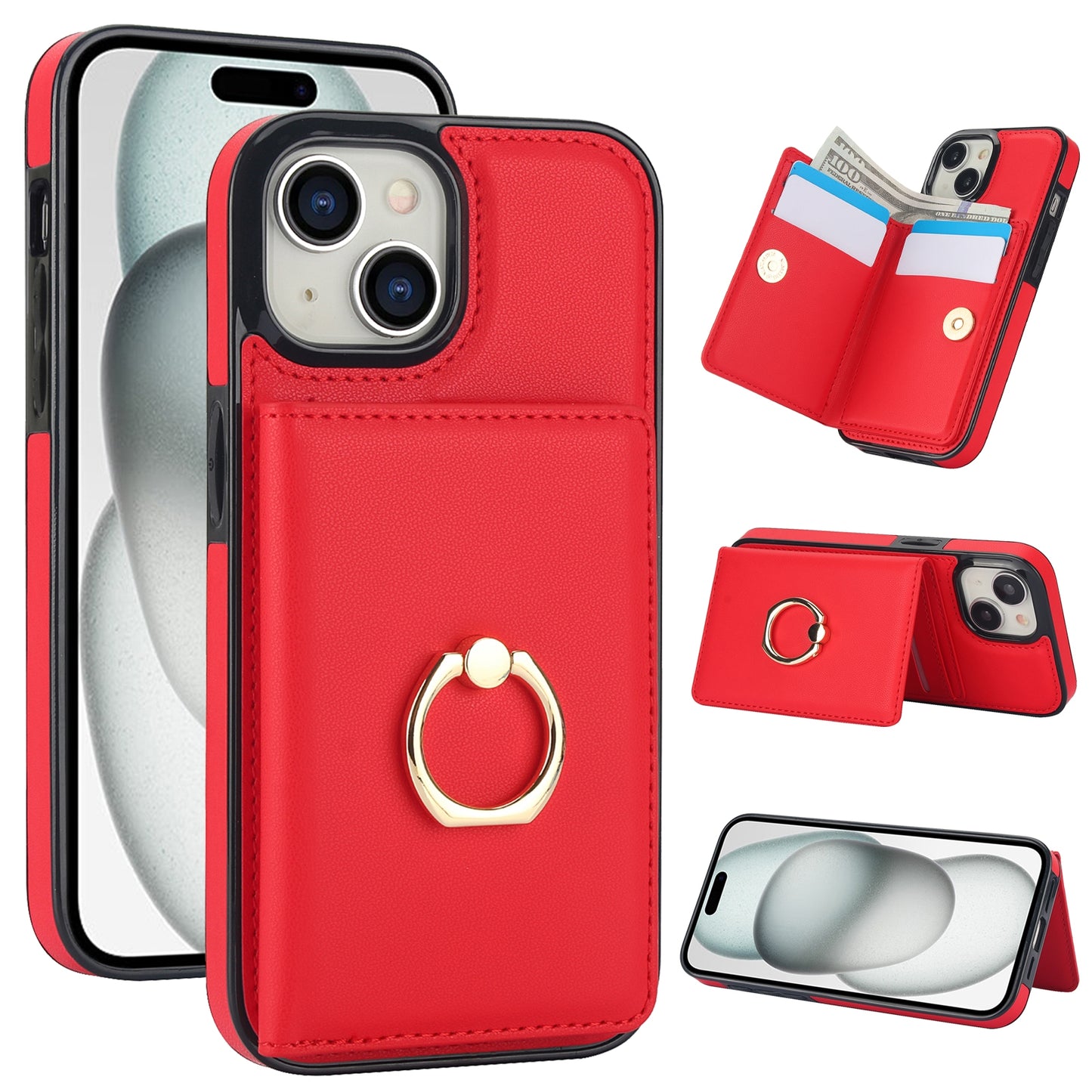 ELECTROPRIME For iPhone 15 RFID Anti-theft Card Ring Holder Phone Case(Red)