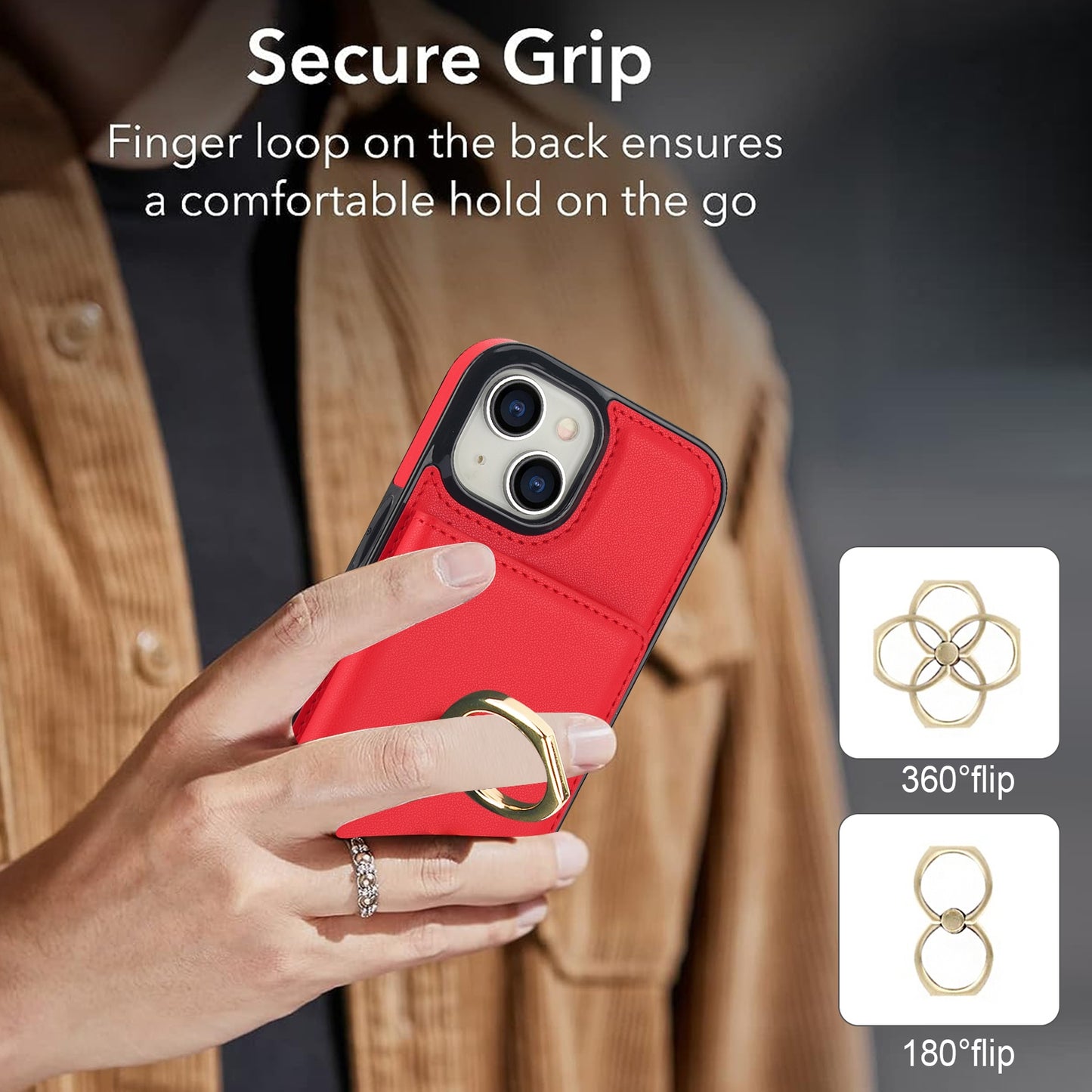 ELECTROPRIME For iPhone 15 RFID Anti-theft Card Ring Holder Phone Case(Red)
