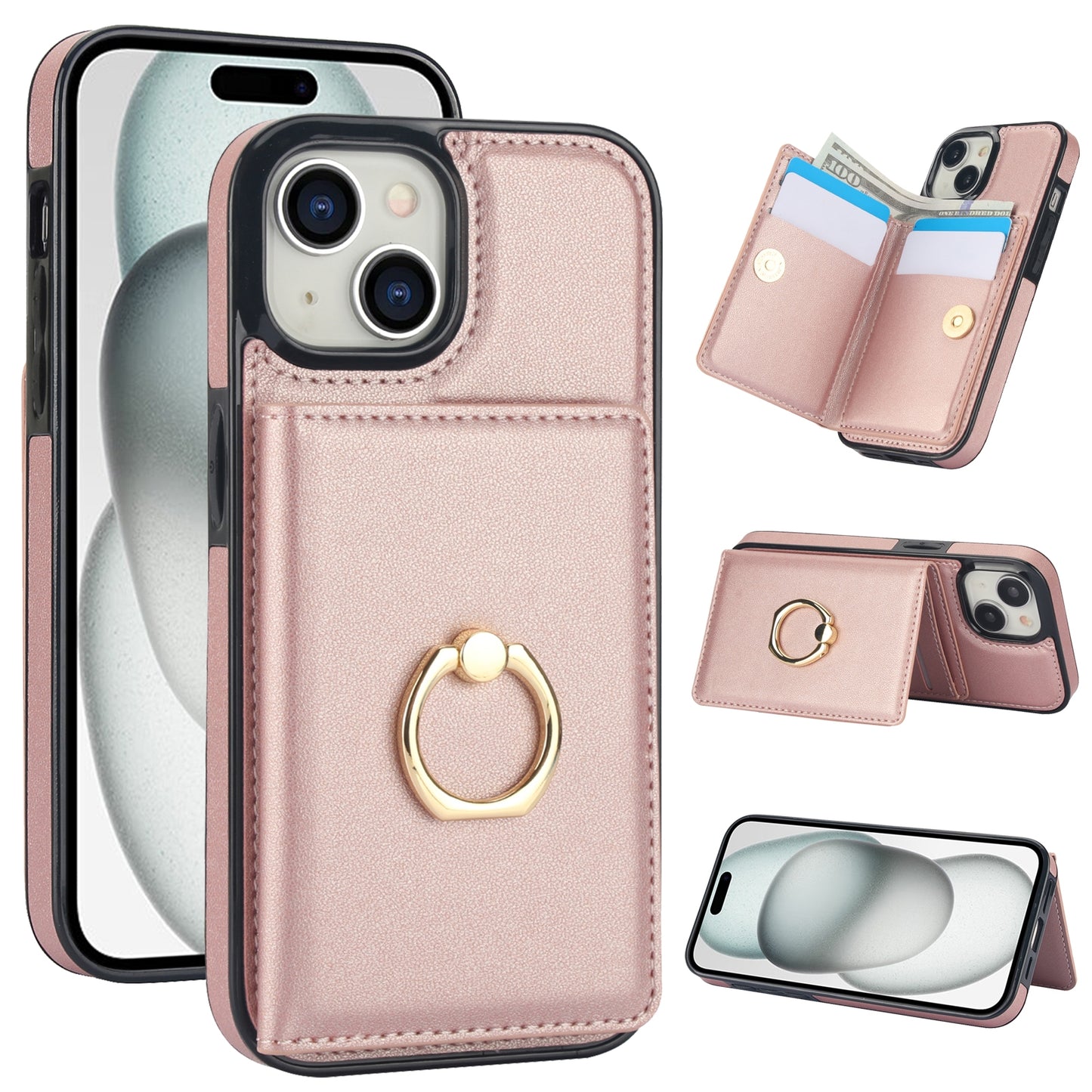 ELECTROPRIME For iPhone 15 RFID Anti-theft Card Ring Holder Phone Case(Rose Gold)