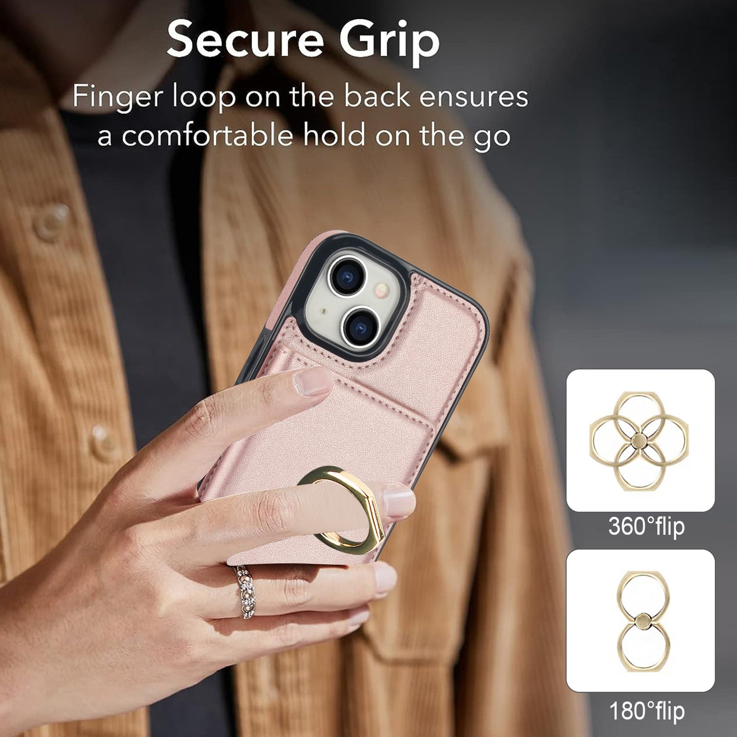 ELECTROPRIME For iPhone 15 RFID Anti-theft Card Ring Holder Phone Case(Rose Gold)
