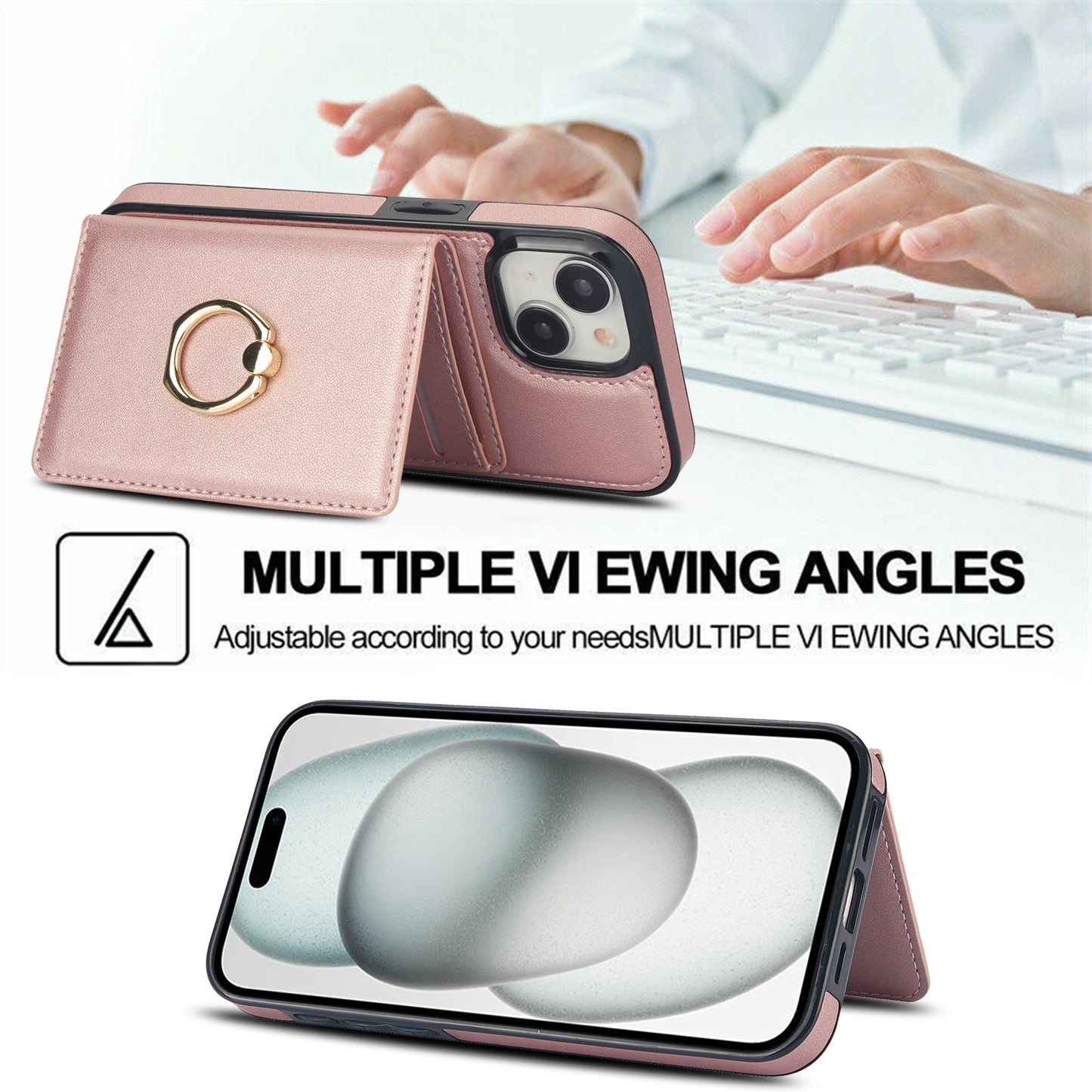 ELECTROPRIME For iPhone 15 RFID Anti-theft Card Ring Holder Phone Case(Rose Gold)
