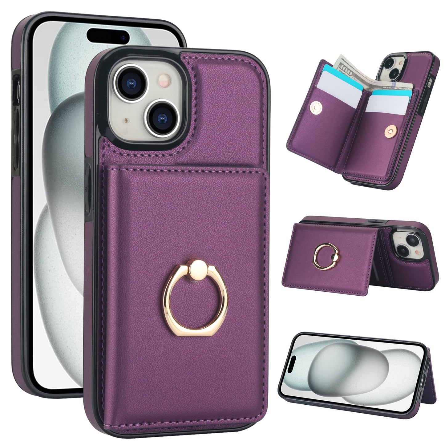 ELECTROPRIME For iPhone 15 RFID Anti-theft Card Ring Holder Phone Case(Dark Purple)
