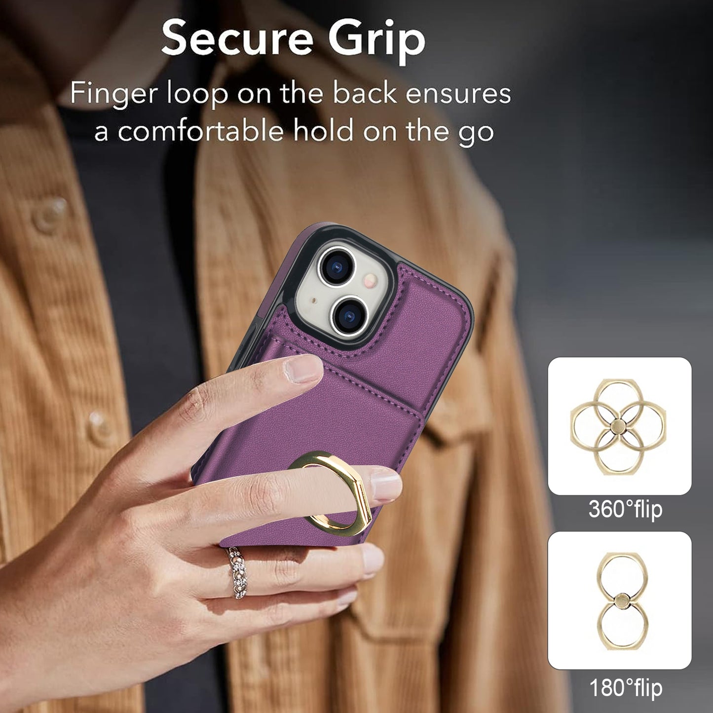 ELECTROPRIME For iPhone 15 RFID Anti-theft Card Ring Holder Phone Case(Dark Purple)