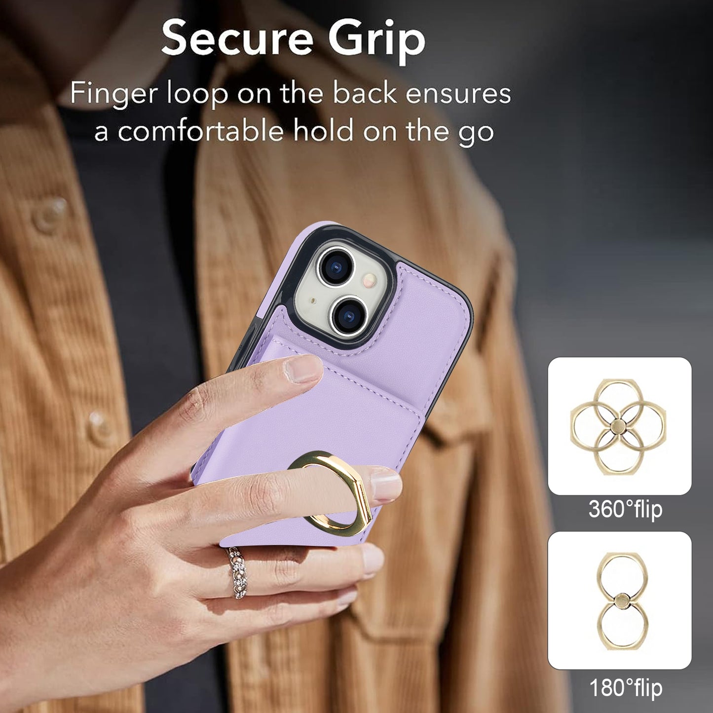 ELECTROPRIME For iPhone 15 RFID Anti-theft Card Ring Holder Phone Case(Purple)