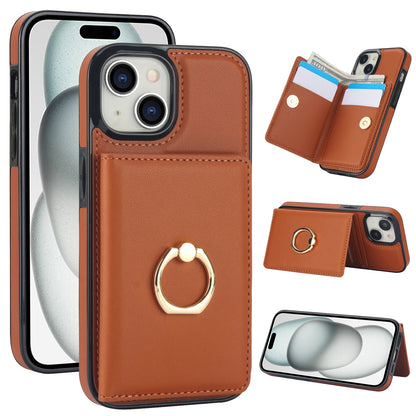 ELECTROPRIME For iPhone 15 RFID Anti-theft Card Ring Holder Phone Case(Brown)