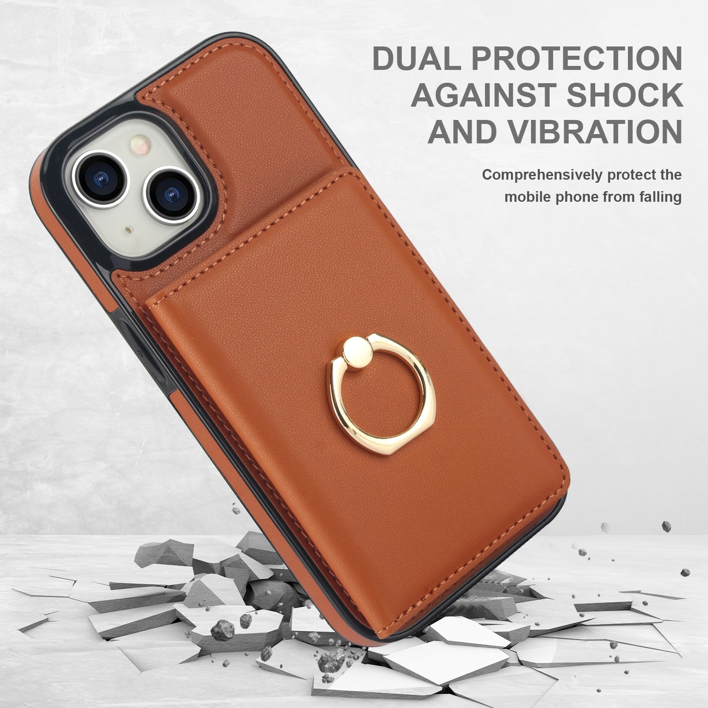 ELECTROPRIME For iPhone 15 RFID Anti-theft Card Ring Holder Phone Case(Brown)