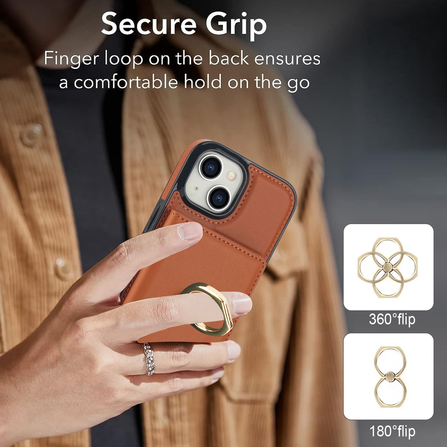 ELECTROPRIME For iPhone 15 RFID Anti-theft Card Ring Holder Phone Case(Brown)