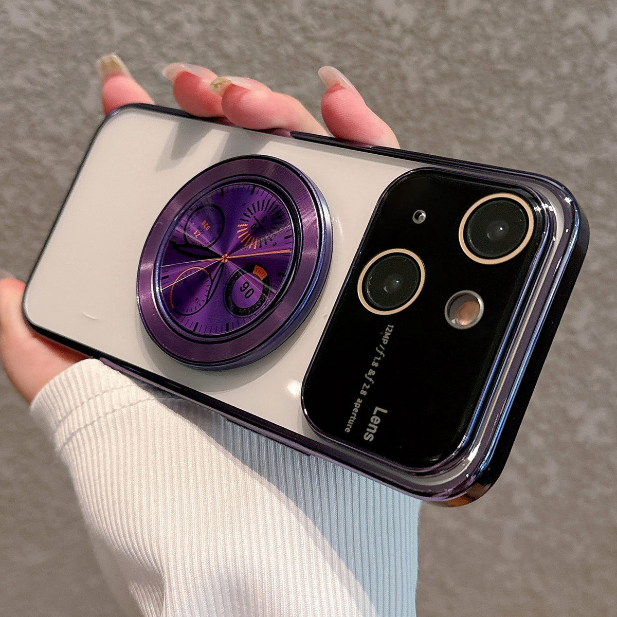 ELECTROPRIME For iPhone 15 Plus Electroplated Large Window Bracket PC Phone Case(Purple)