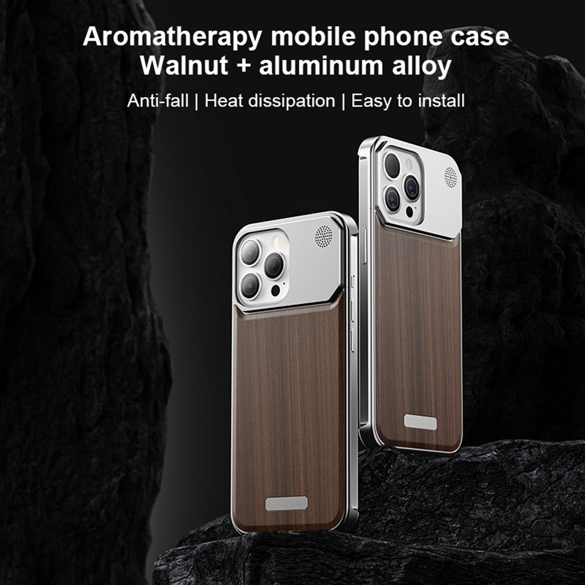 ELECTROPRIME For iPhone 15 Aluminum Alloy Aromatherapy Wood Grain Phone Case(Grey)