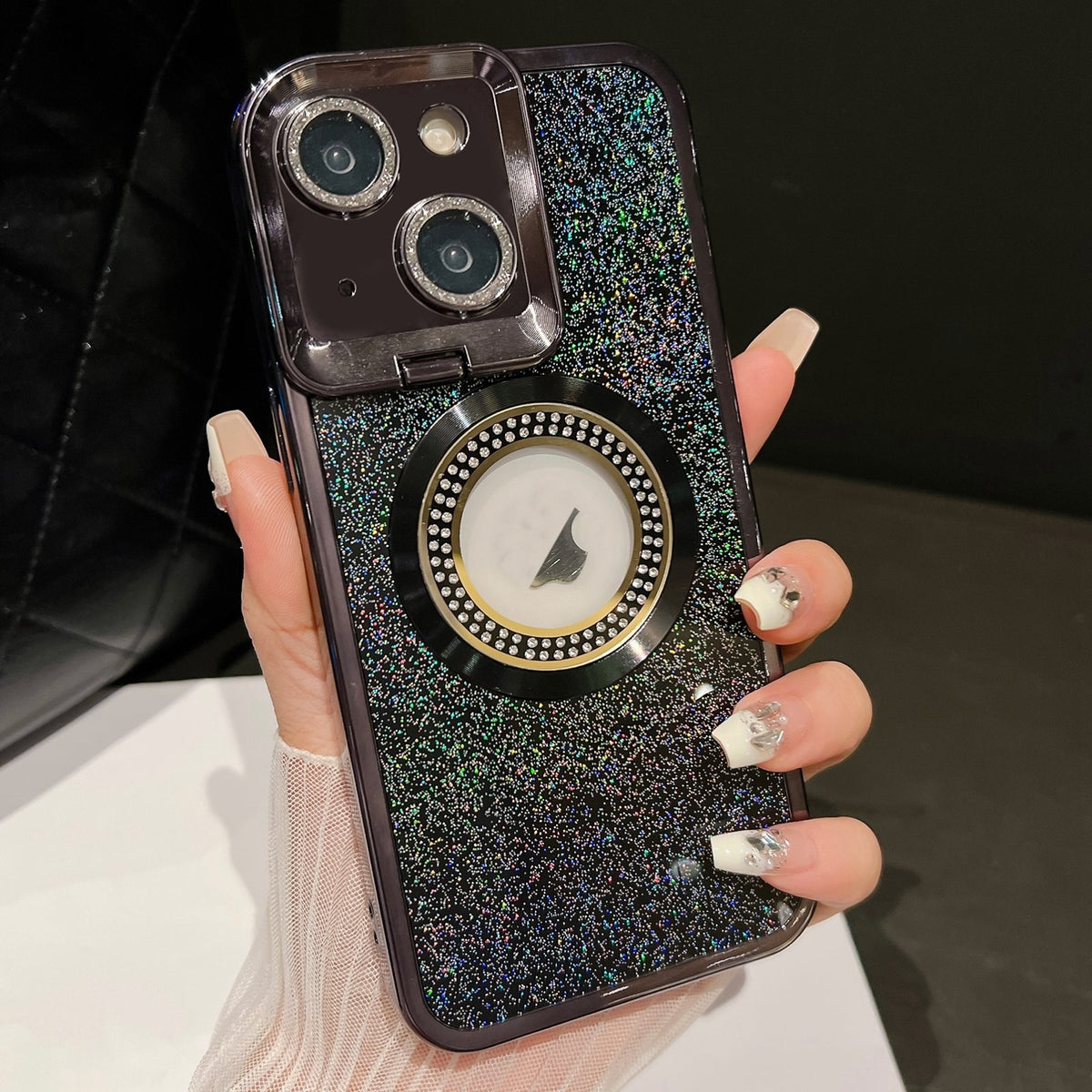 ELECTROPRIME For iPhone 15 Starry Glitter MagSafe Lens Holder Phone Case(Black)