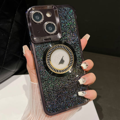 ELECTROPRIME For iPhone 15 Starry Glitter MagSafe Lens Holder Phone Case(Black)