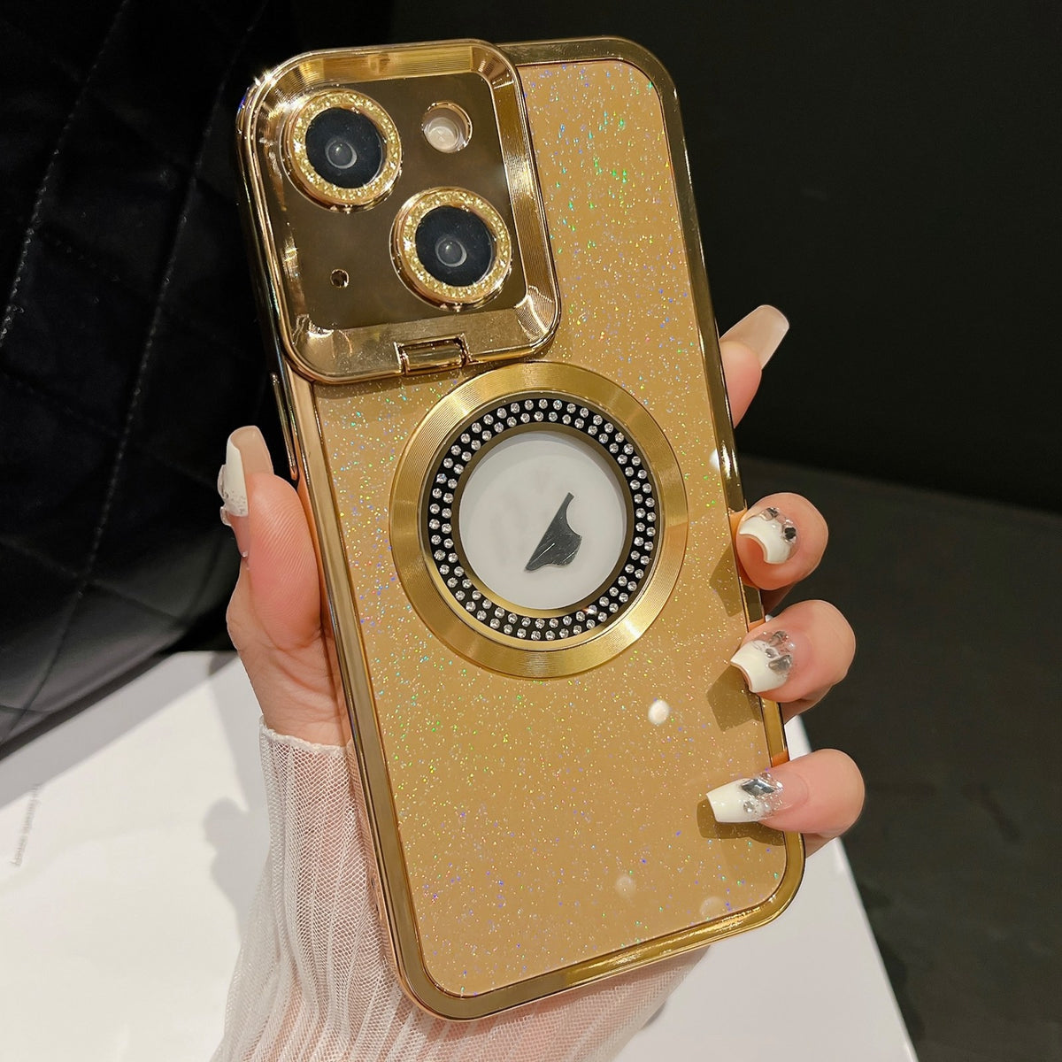 ELECTROPRIME For iPhone 15 Starry Glitter MagSafe Lens Holder Phone Case(Gold)
