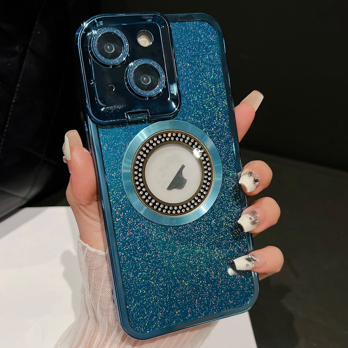ELECTROPRIME For iPhone 15 Starry Glitter MagSafe Lens Holder Phone Case(Blue)
