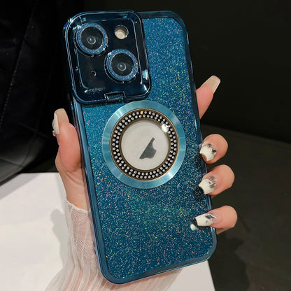 ELECTROPRIME For iPhone 15 Starry Glitter MagSafe Lens Holder Phone Case(Blue)