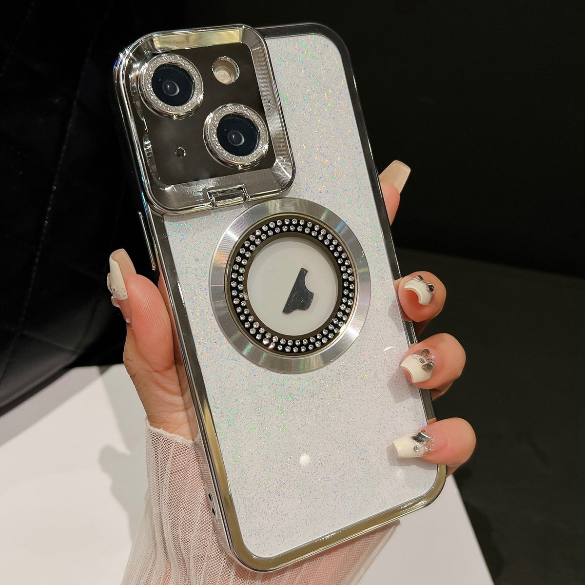 ELECTROPRIME For iPhone 15 Starry Glitter MagSafe Lens Holder Phone Case(Silver)