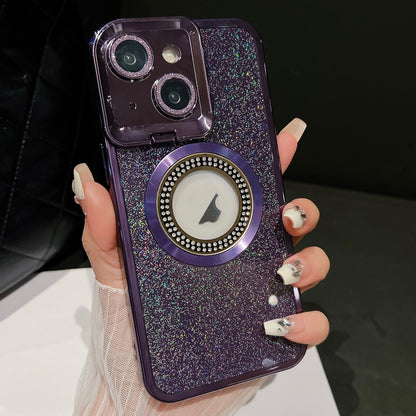 ELECTROPRIME For iPhone 15 Starry Glitter MagSafe Lens Holder Phone Case(Purple)