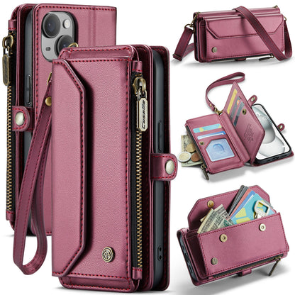 ELECTROPRIME For iPhone 15 Plus CaseMe C36 Card Slots Zipper Wallet RFID Anti-theft Leather Phone Case(Wine Red)