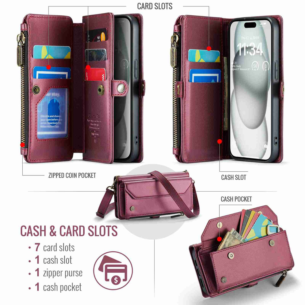 ELECTROPRIME For iPhone 15 Plus CaseMe C36 Card Slots Zipper Wallet RFID Anti-theft Leather Phone Case(Wine Red)
