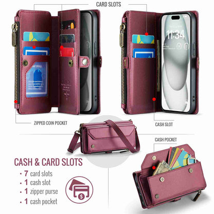 ELECTROPRIME For iPhone 15 Plus CaseMe C36 Card Slots Zipper Wallet RFID Anti-theft Leather Phone Case(Wine Red)