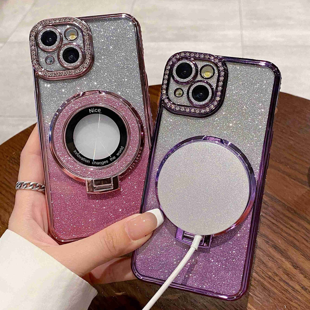 ELECTROPRIME For iPhone 15 Plus Gradient Glitter Diamond Plated Holder Magsafe Phone Case(Black)