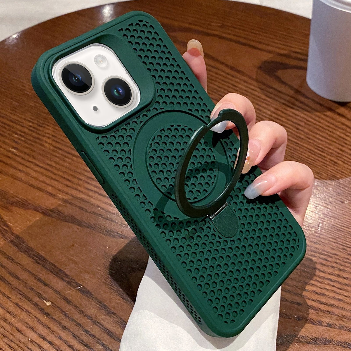 ELECTROPRIME For iPhone 15 Hollow Cooling Magsafe Phone Case with Holder(Green)