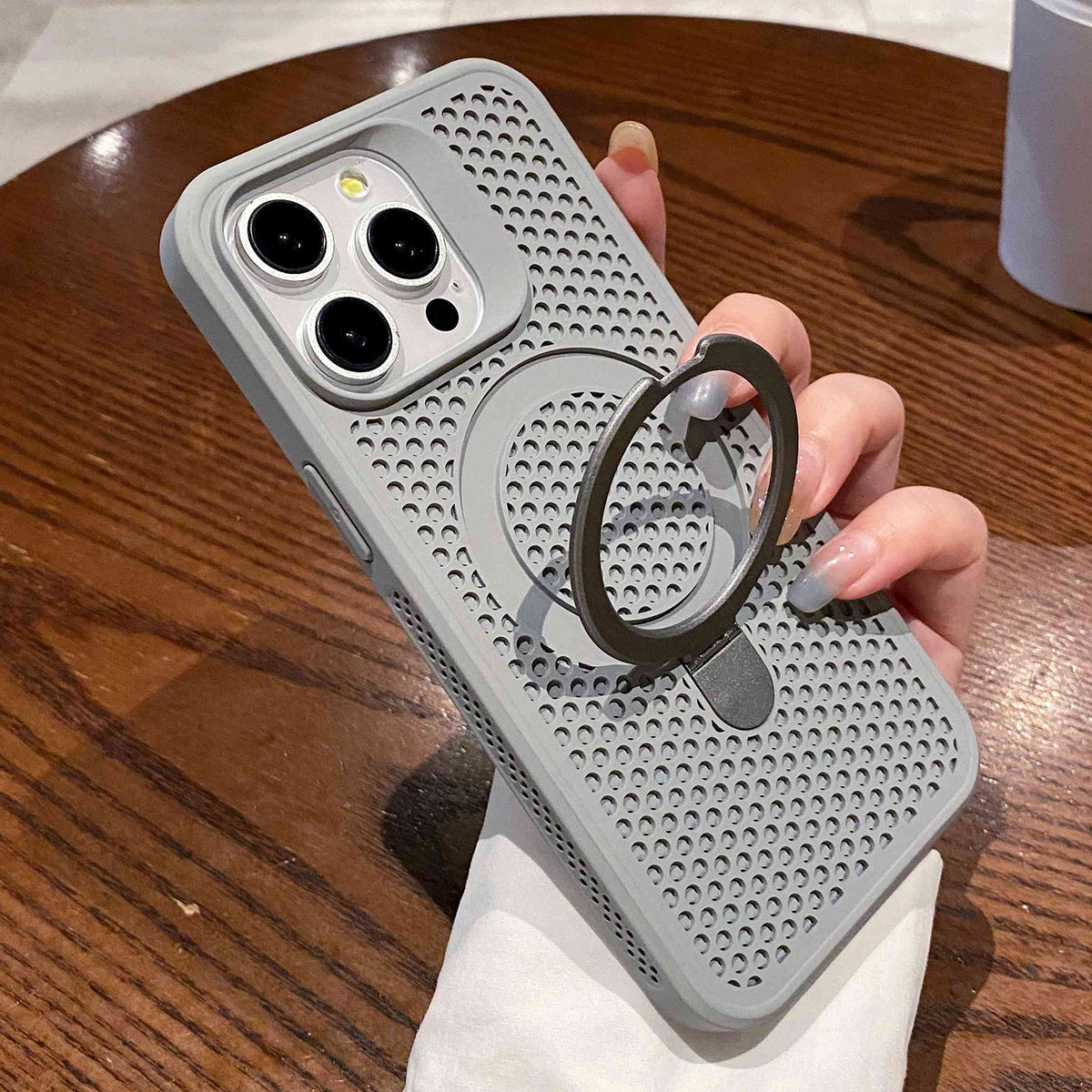 ELECTROPRIME For iPhone 15 Plus Hollow Cooling Magsafe Phone Case with Holder(Grey)