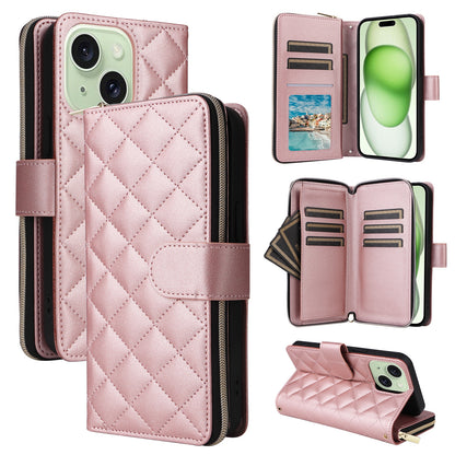 ELECTROPRIME For iPhone 15 Plus / 14 Plus Crossbody Rhombic Zipper Tower Buckle Leather Phone Case with Lanyard(Rose Gold)