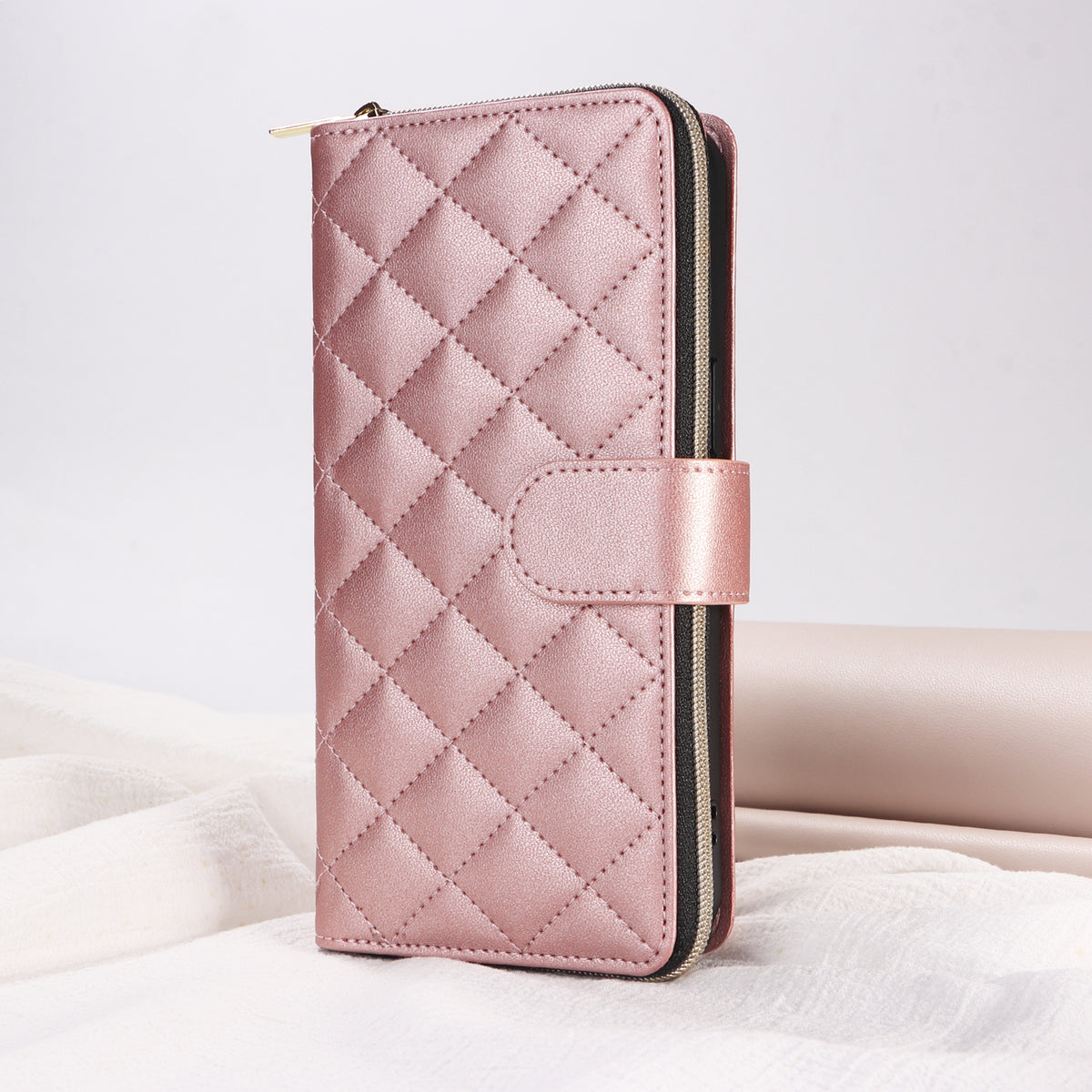 ELECTROPRIME For iPhone 15 Plus / 14 Plus Crossbody Rhombic Zipper Tower Buckle Leather Phone Case with Lanyard(Rose Gold)