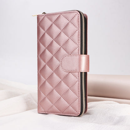 ELECTROPRIME For iPhone 15 Plus / 14 Plus Crossbody Rhombic Zipper Tower Buckle Leather Phone Case with Lanyard(Rose Gold)