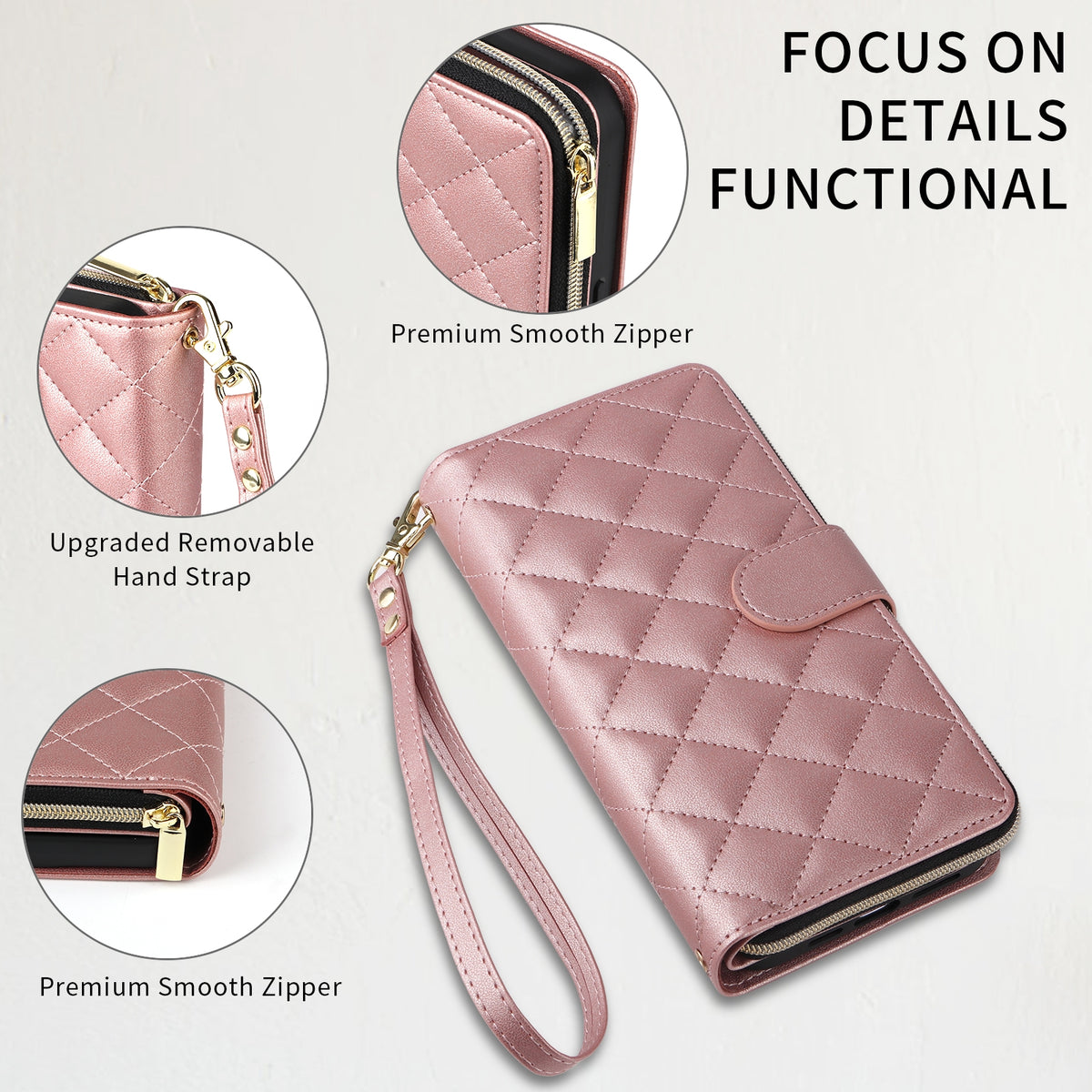 ELECTROPRIME For iPhone 15 Plus / 14 Plus Crossbody Rhombic Zipper Tower Buckle Leather Phone Case with Lanyard(Rose Gold)