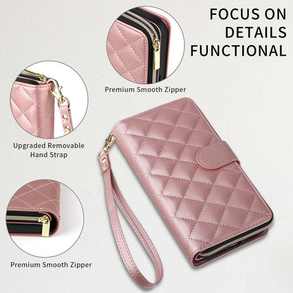 ELECTROPRIME For iPhone 15 Plus / 14 Plus Crossbody Rhombic Zipper Tower Buckle Leather Phone Case with Lanyard(Rose Gold)