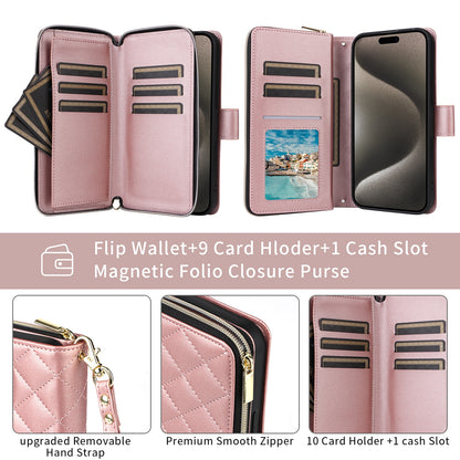 ELECTROPRIME For iPhone 15 Plus / 14 Plus Crossbody Rhombic Zipper Tower Buckle Leather Phone Case with Lanyard(Rose Gold)