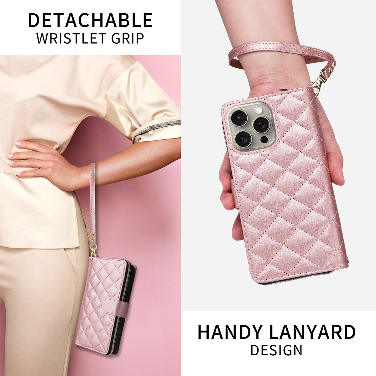 ELECTROPRIME For iPhone 15 Plus / 14 Plus Crossbody Rhombic Zipper Tower Buckle Leather Phone Case with Lanyard(Rose Gold)