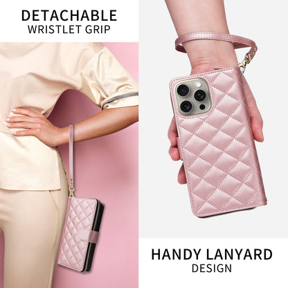 ELECTROPRIME For iPhone 15 Plus / 14 Plus Crossbody Rhombic Zipper Tower Buckle Leather Phone Case with Lanyard(Rose Gold)